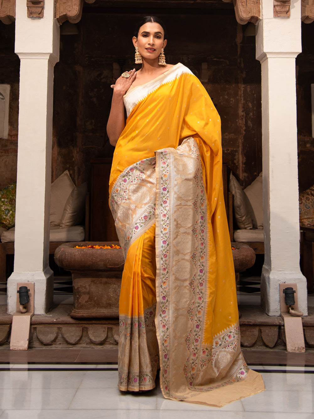 Yellow Paithani Katan Silk Handloom Banarasi Saree - Sacred Weaves