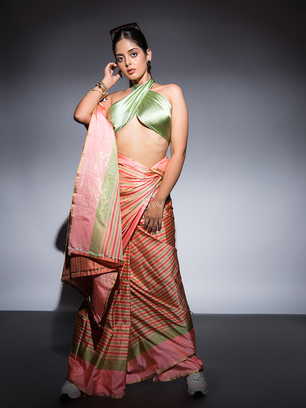 Beige Pink Stripe Satin Silk Handloom Banarasi Saree - Sacred Weaves