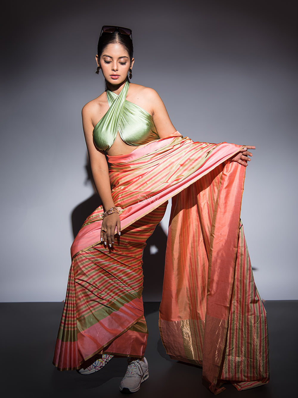 Beige Pink Stripe Satin Silk Handloom Banarasi Saree - Sacred Weaves