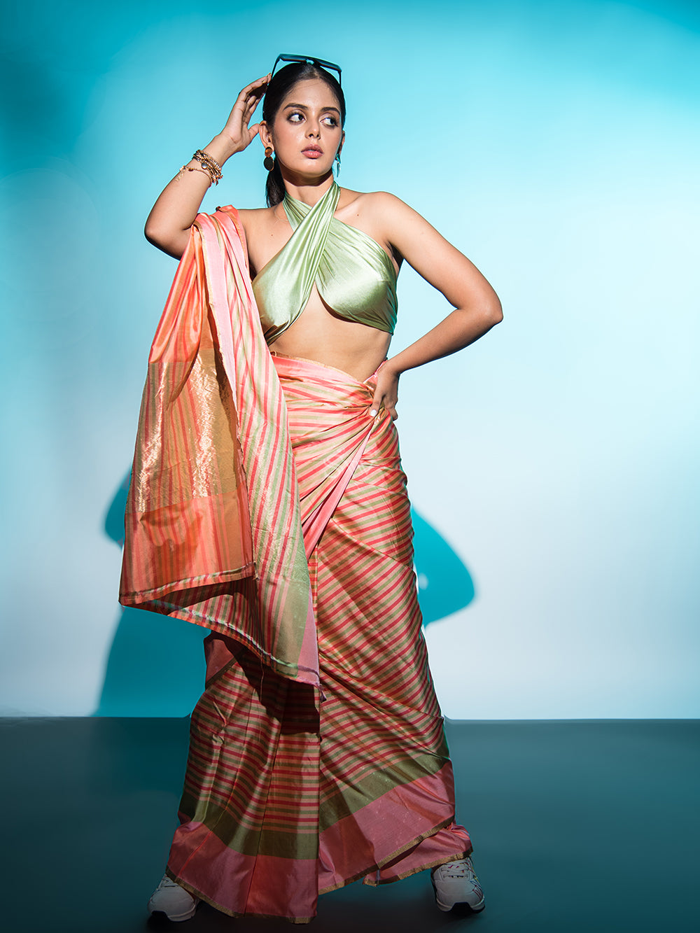 Beige Pink Stripe Satin Silk Handloom Banarasi Saree - Sacred Weaves