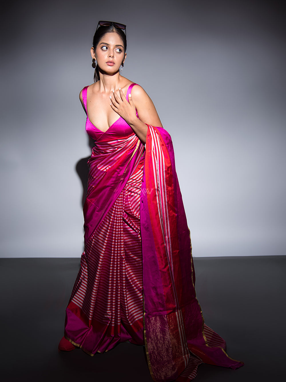 Red Magenta Stripe Satin Silk Handloom Banarasi Saree - Sacred Weaves