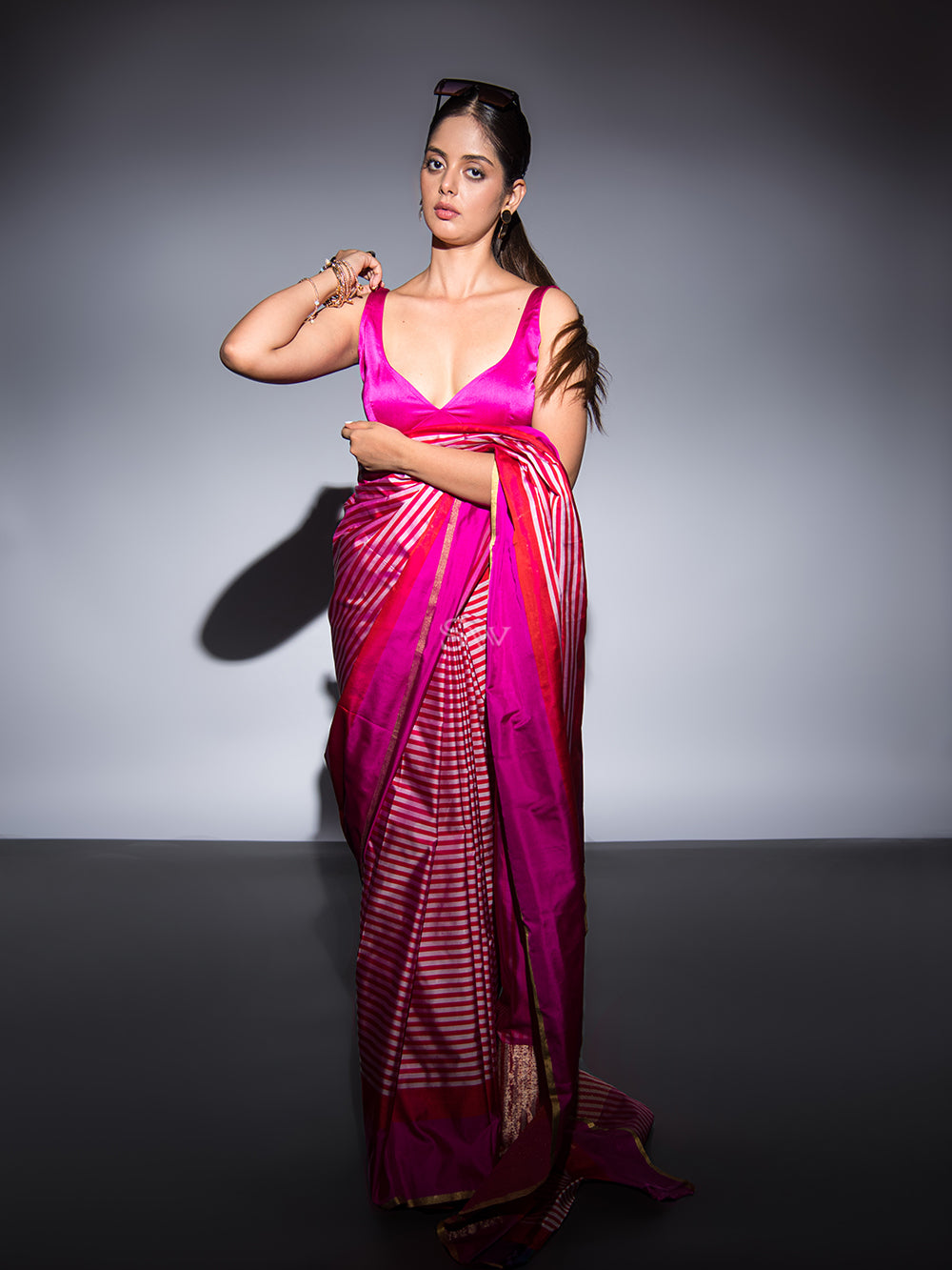 Red Magenta Stripe Satin Silk Handloom Banarasi Saree - Sacred Weaves