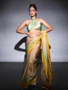 Beige Pink Stripe Satin Silk Handloom Banarasi Saree - Sacred Weaves