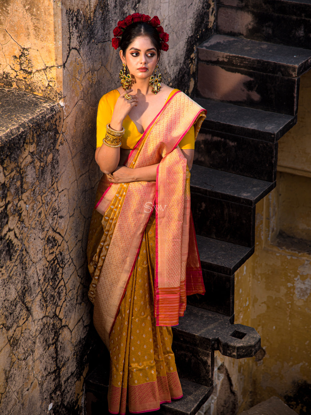 Mustard Jaal Katan Silk Handloom Banarasi Saree - Sacred Weaves