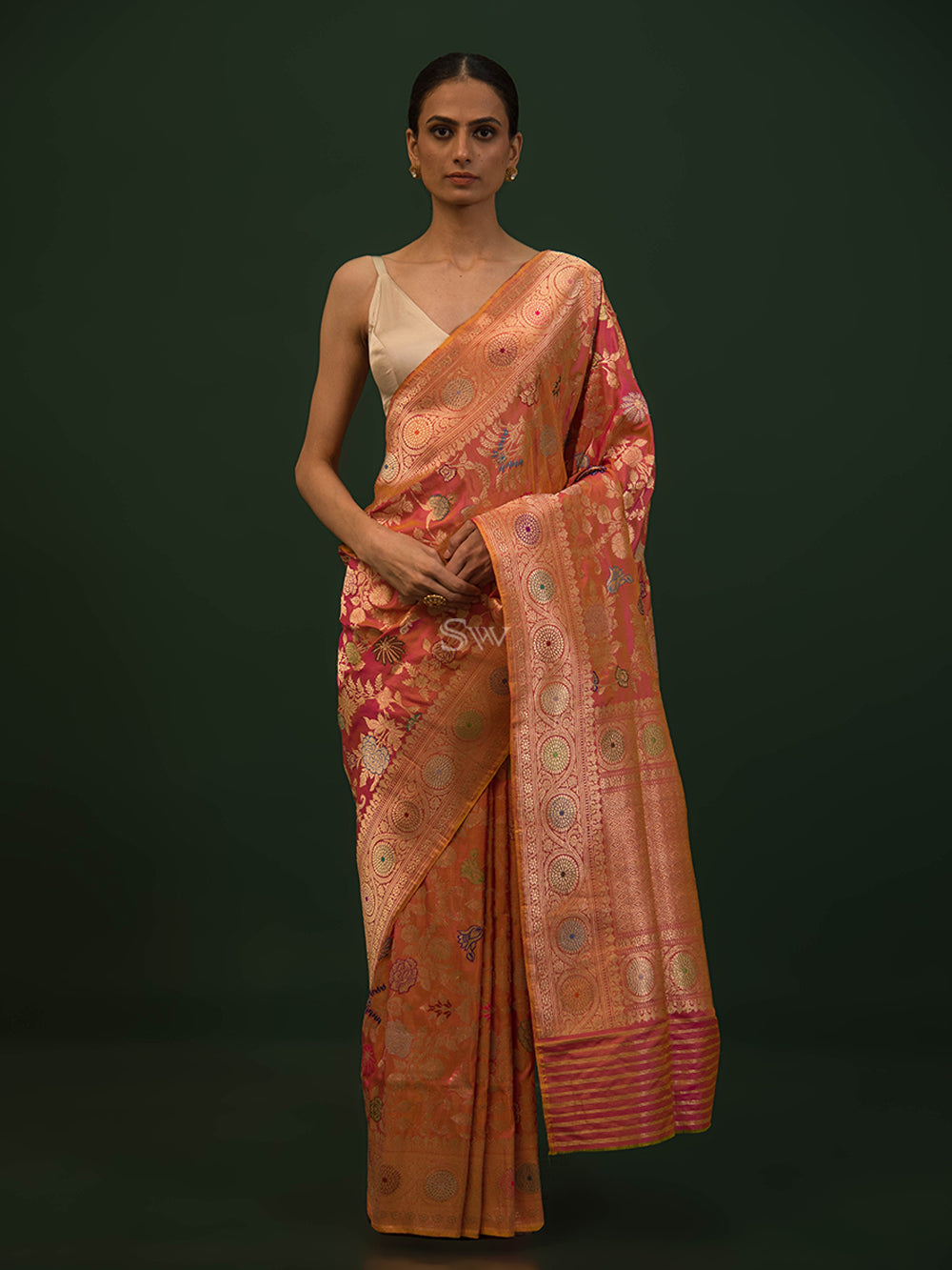 Pink Orange Meenakari Katan Silk Handloom Banarasi Saree - Sacred Weaves