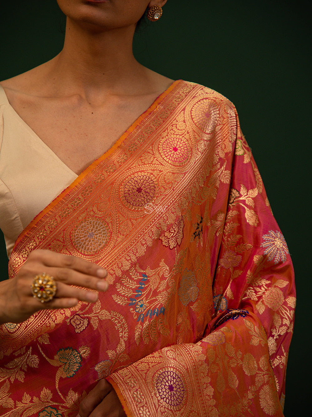 Pink Orange Meenakari Katan Silk Handloom Banarasi Saree - Sacred Weaves