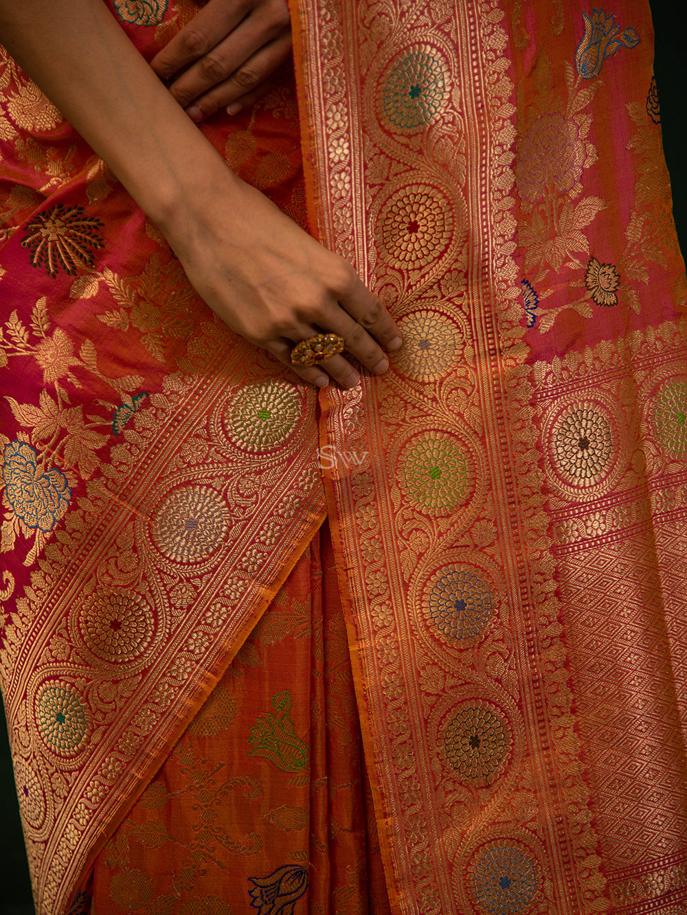 Pink Orange Meenakari Katan Silk Handloom Banarasi Saree - Sacred Weaves
