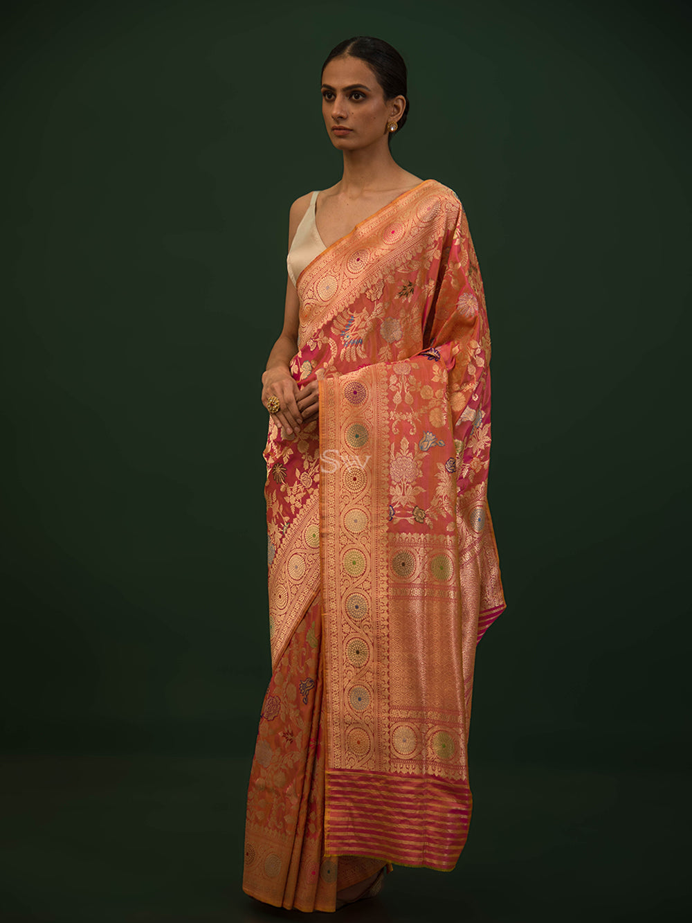 Pink Orange Meenakari Katan Silk Handloom Banarasi Saree - Sacred Weaves