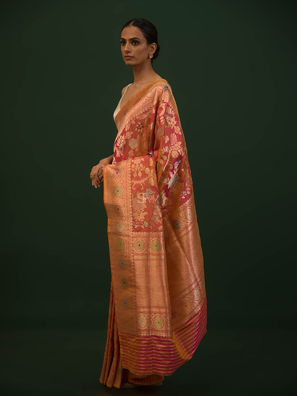 Pink Orange Meenakari Katan Silk Handloom Banarasi Saree - Sacred Weaves