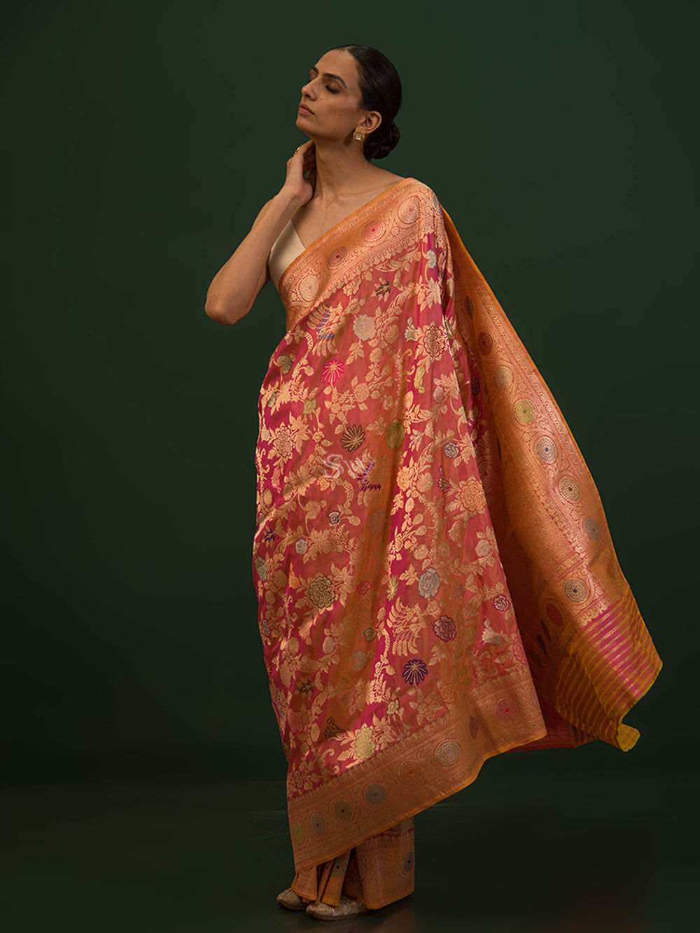 Pink Orange Meenakari Katan Silk Handloom Banarasi Saree - Sacred Weaves