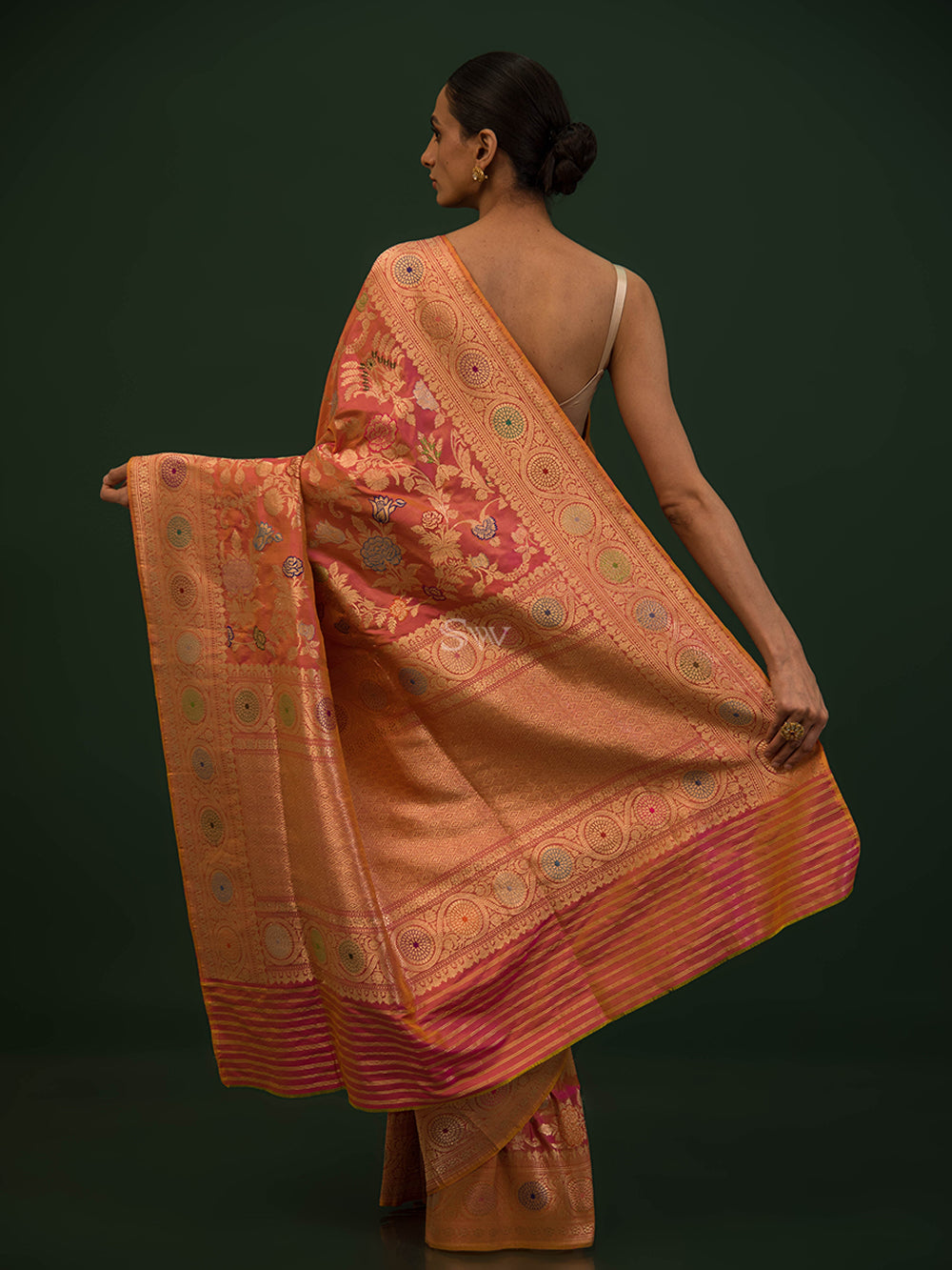 Pink Orange Meenakari Katan Silk Handloom Banarasi Saree - Sacred Weaves