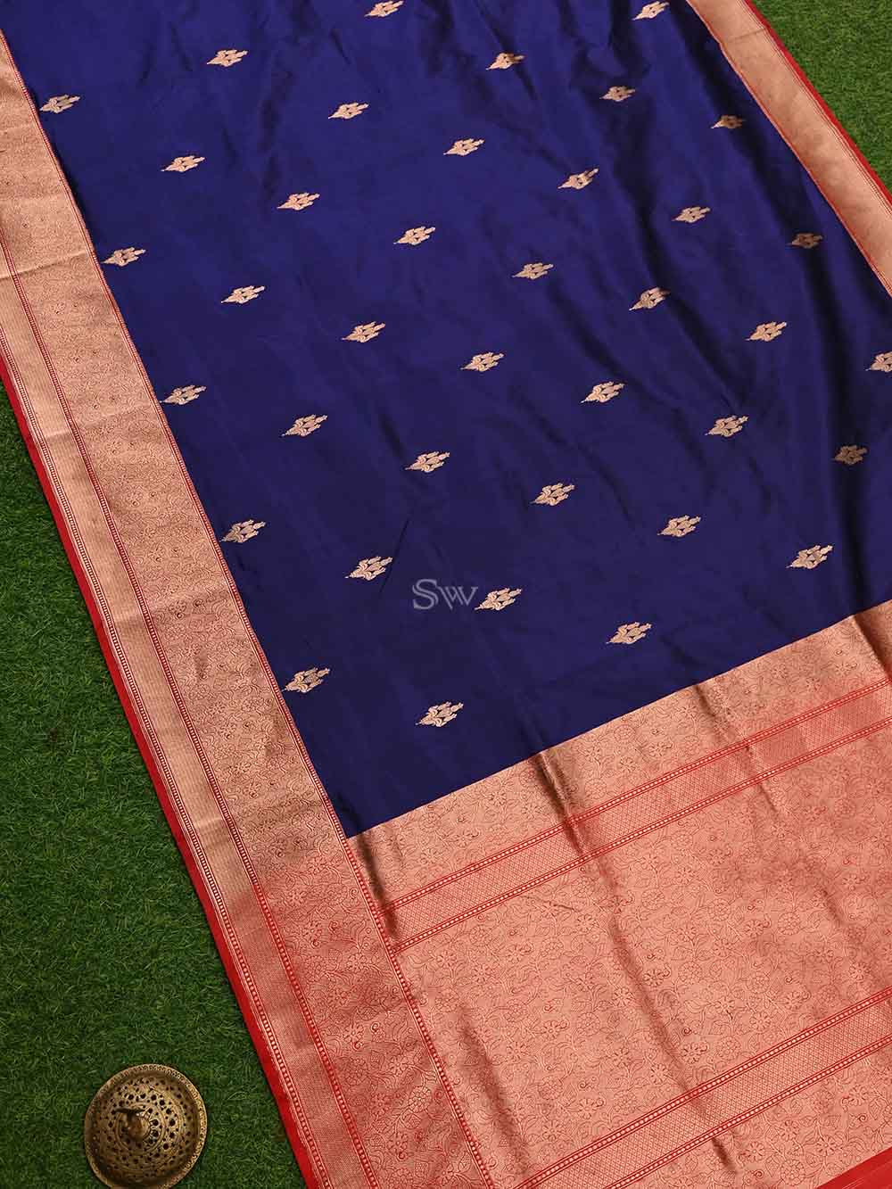 Navy Blue Boota Katan Silk Handloom Banarasi Saree - Sacred Weaves