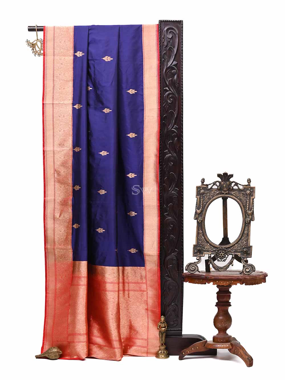 Navy Blue Boota Katan Silk Handloom Banarasi Saree - Sacred Weaves