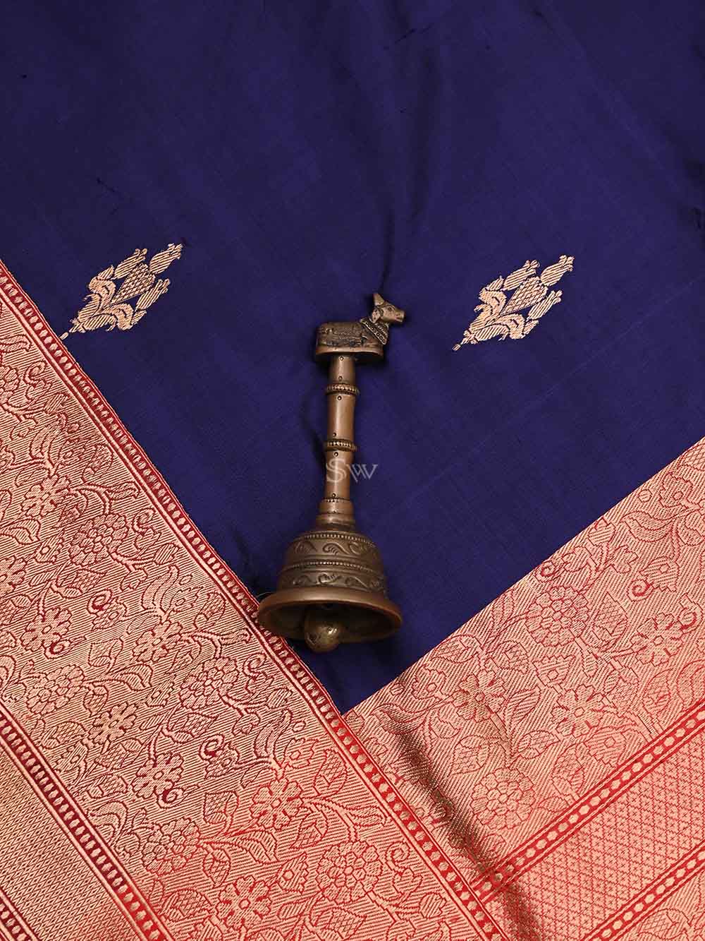 Navy Blue Boota Katan Silk Handloom Banarasi Saree - Sacred Weaves