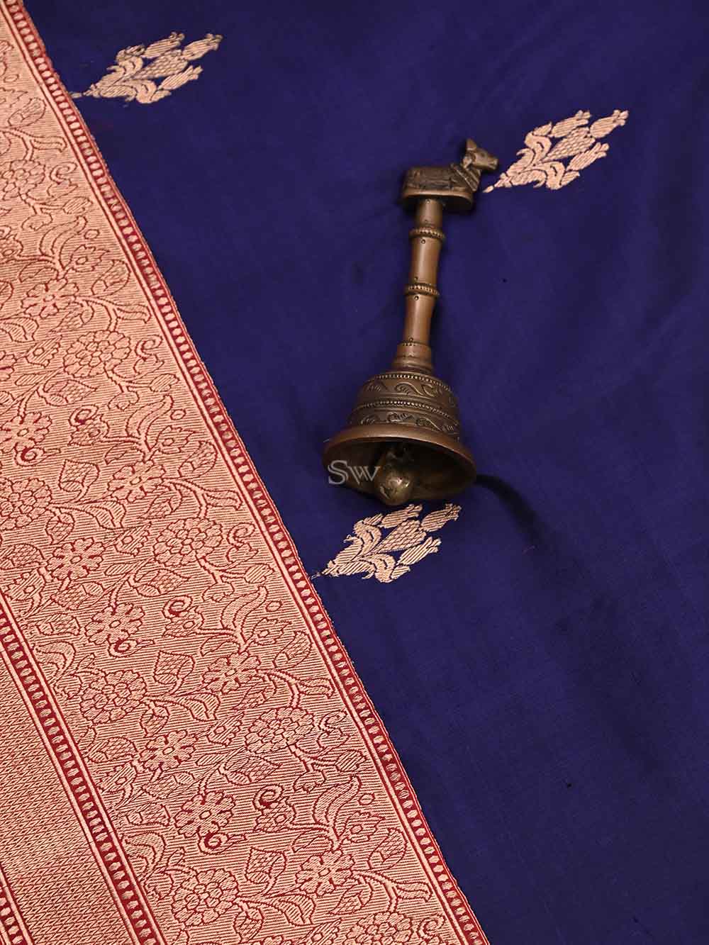 Navy Blue Boota Katan Silk Handloom Banarasi Saree - Sacred Weaves