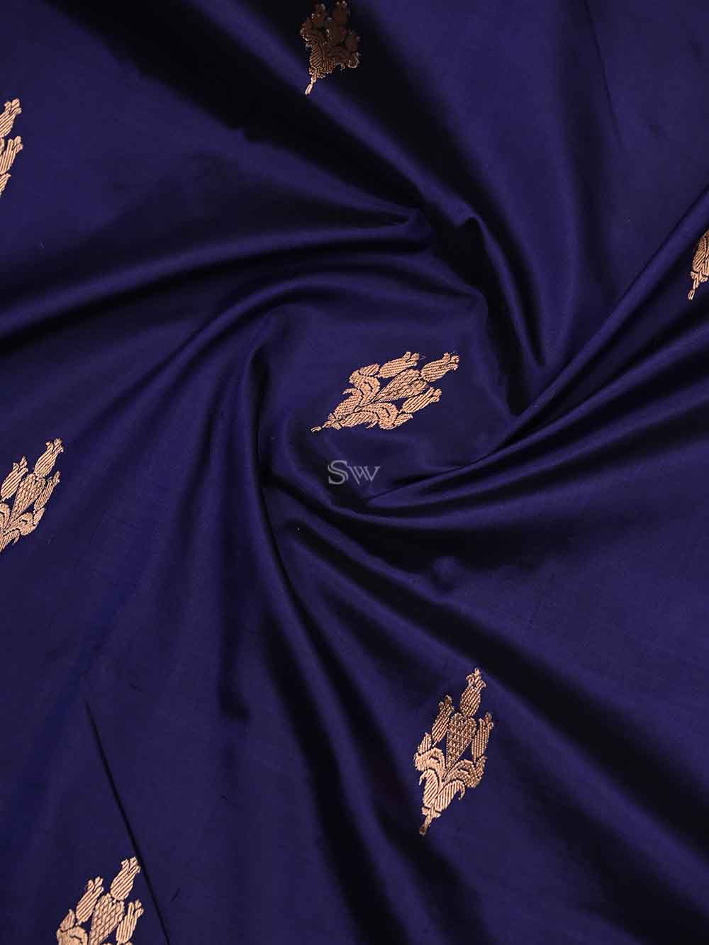 Navy Blue Boota Katan Silk Handloom Banarasi Saree - Sacred Weaves