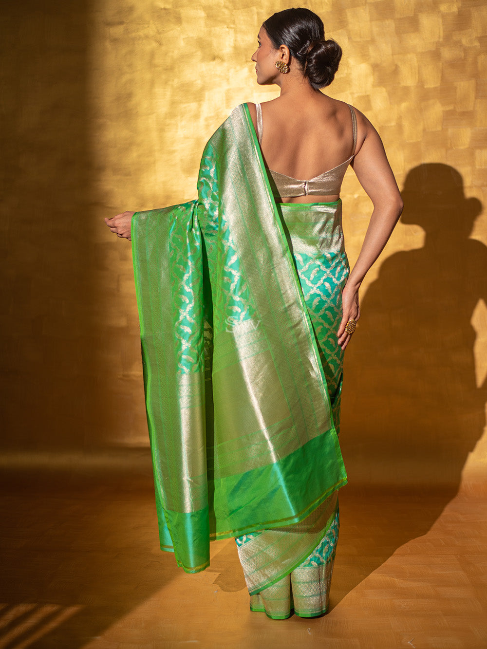 Sea Green Shikargah Katan Silk Handloom Banarasi Saree - Sacred Weaves