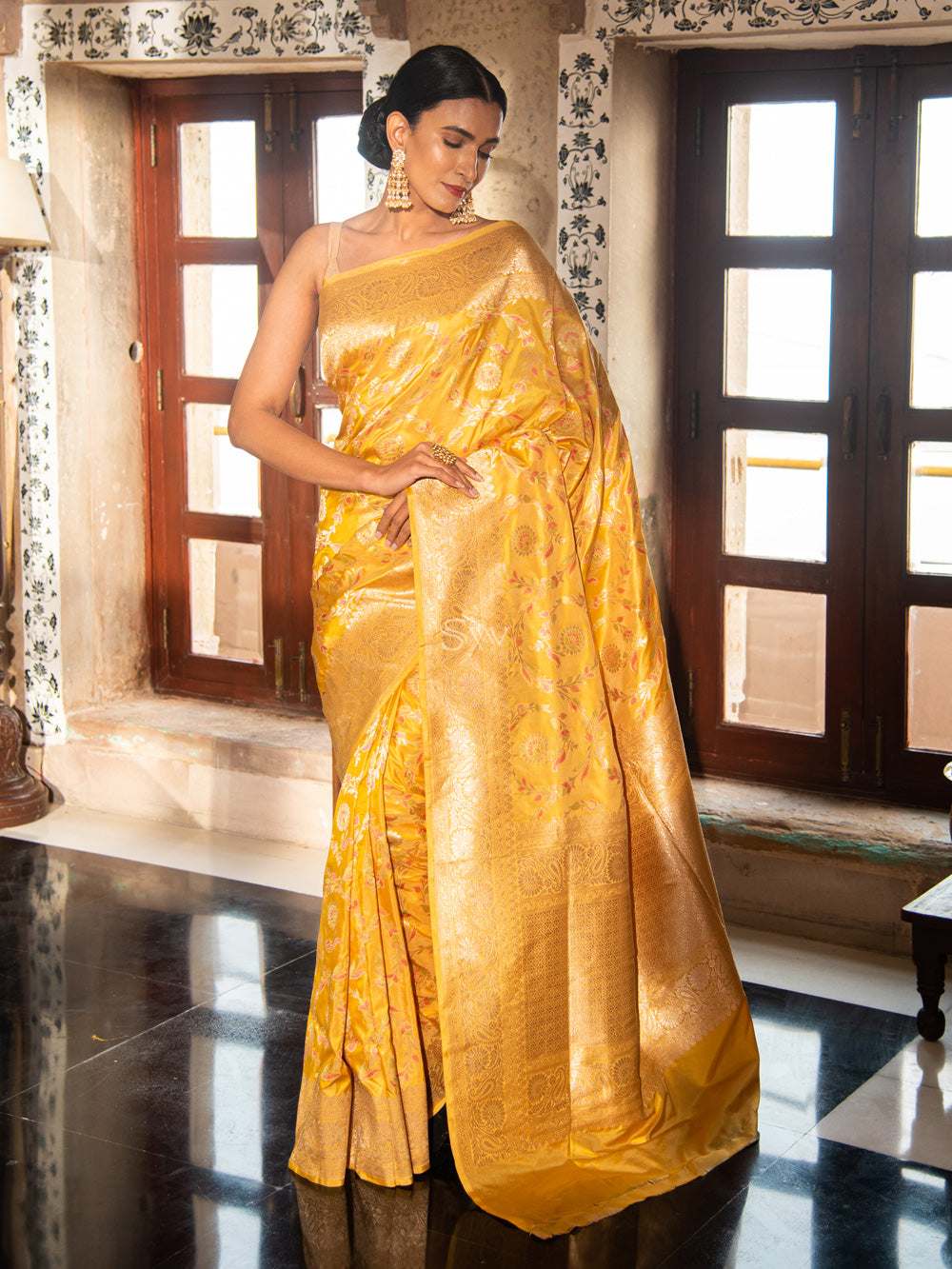 Light Yellow Meenakari Uppada Katan Silk Handloom Banarasi Saree - Sacred Weaves