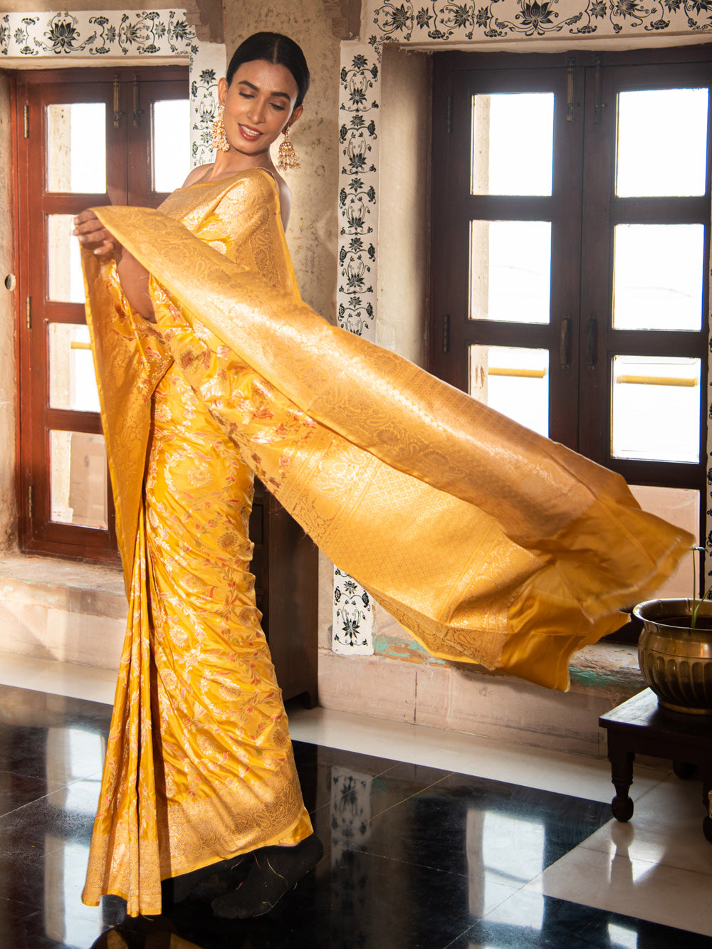 Light Yellow Meenakari Uppada Katan Silk Handloom Banarasi Saree - Sacred Weaves