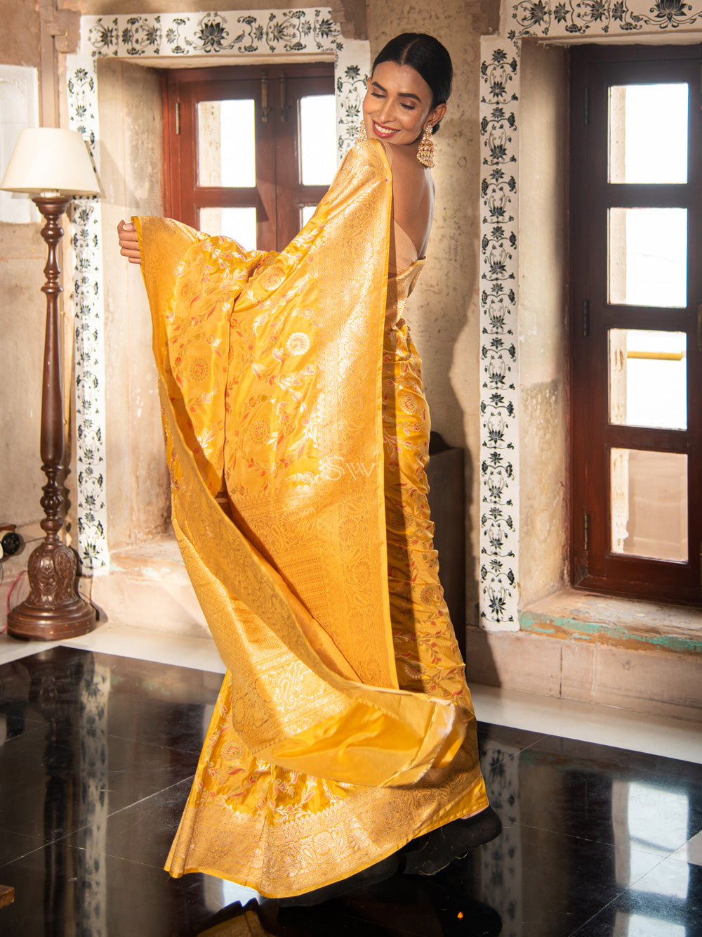 Light Yellow Meenakari Uppada Katan Silk Handloom Banarasi Saree - Sacred Weaves