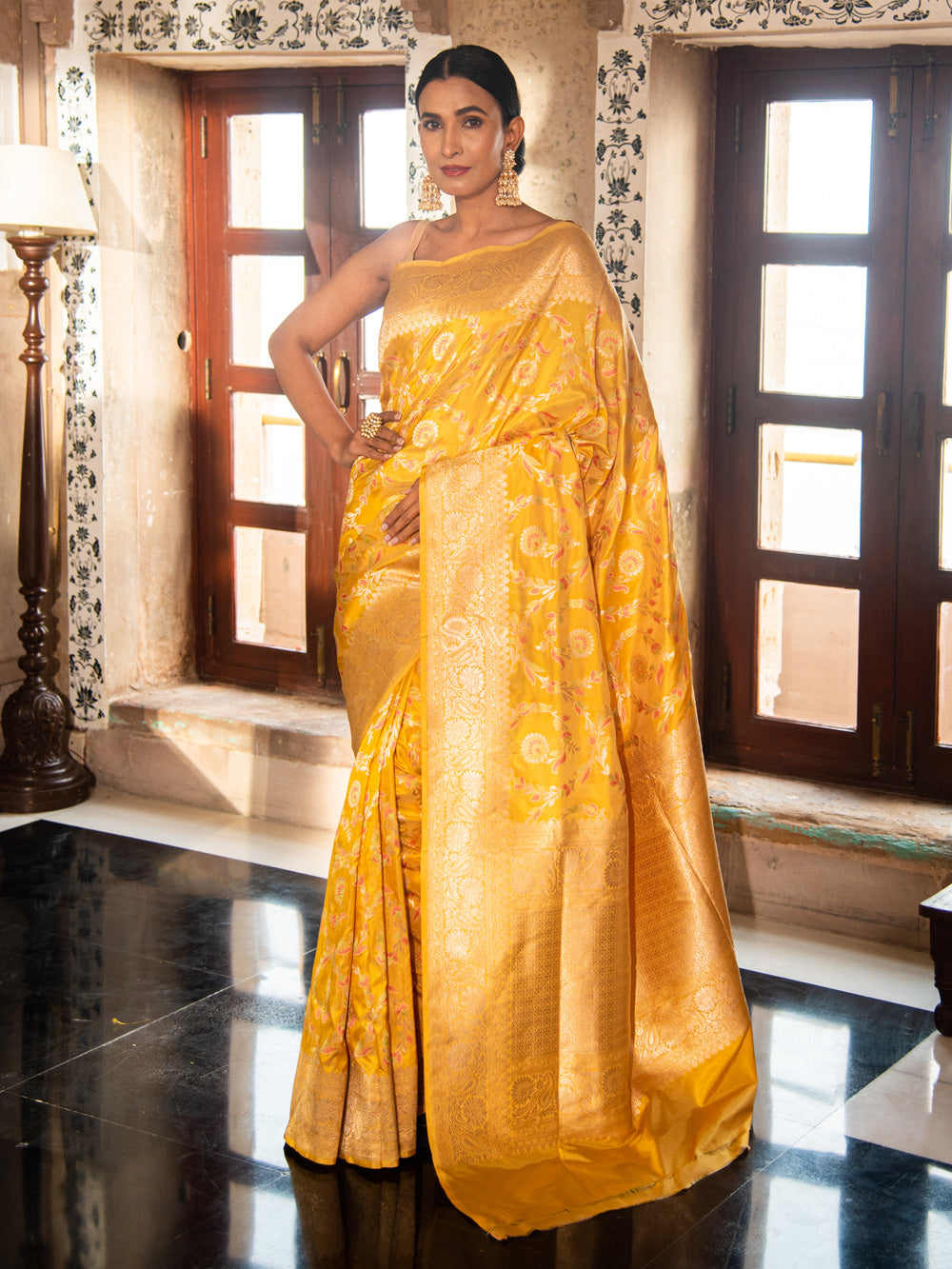 Light Yellow Meenakari Uppada Katan Silk Handloom Banarasi Saree - Sacred Weaves