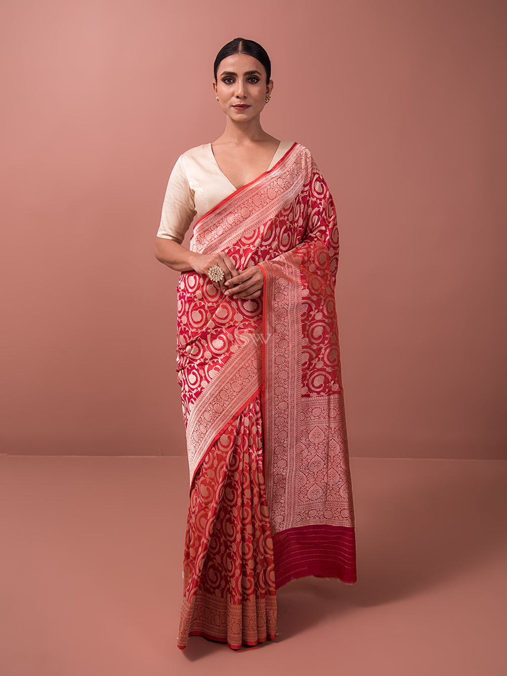 Pink Orange Uppada Katan Silk Handloom Banarasi Saree - Sacred Weaves