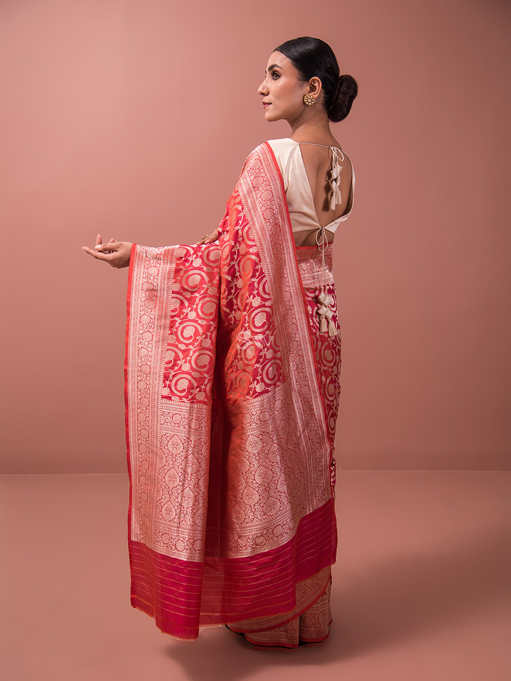 Pink Orange Uppada Katan Silk Handloom Banarasi Saree - Sacred Weaves