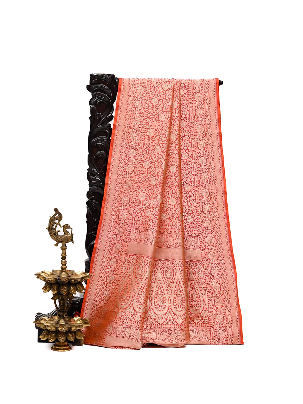 Orange Pink Katan Silk Brocade Handloom Banarasi Saree - Sacred Weaves