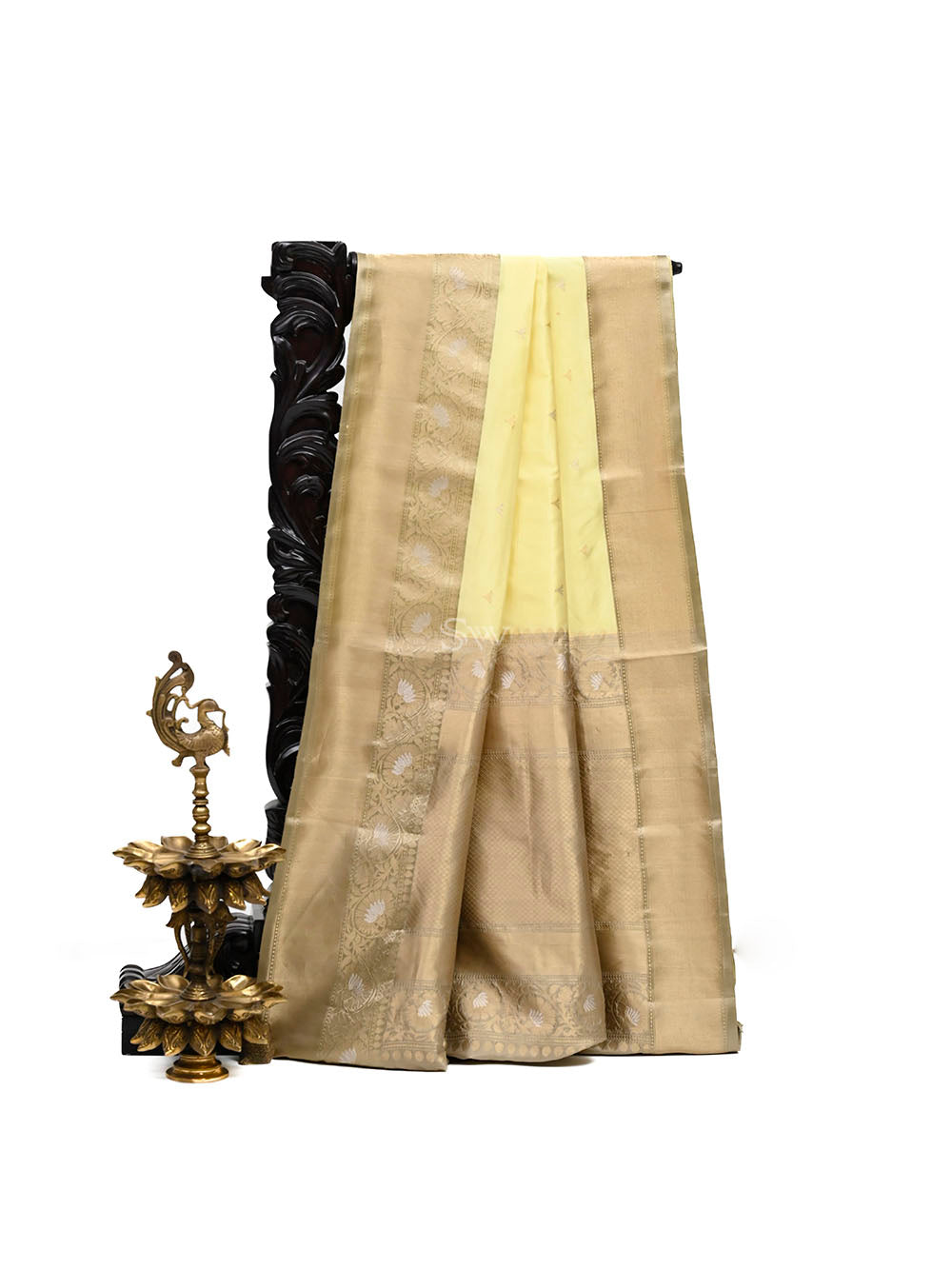 Yellow Booti Katan Silk Handloom Banarasi Saree - Sacred Weaves
