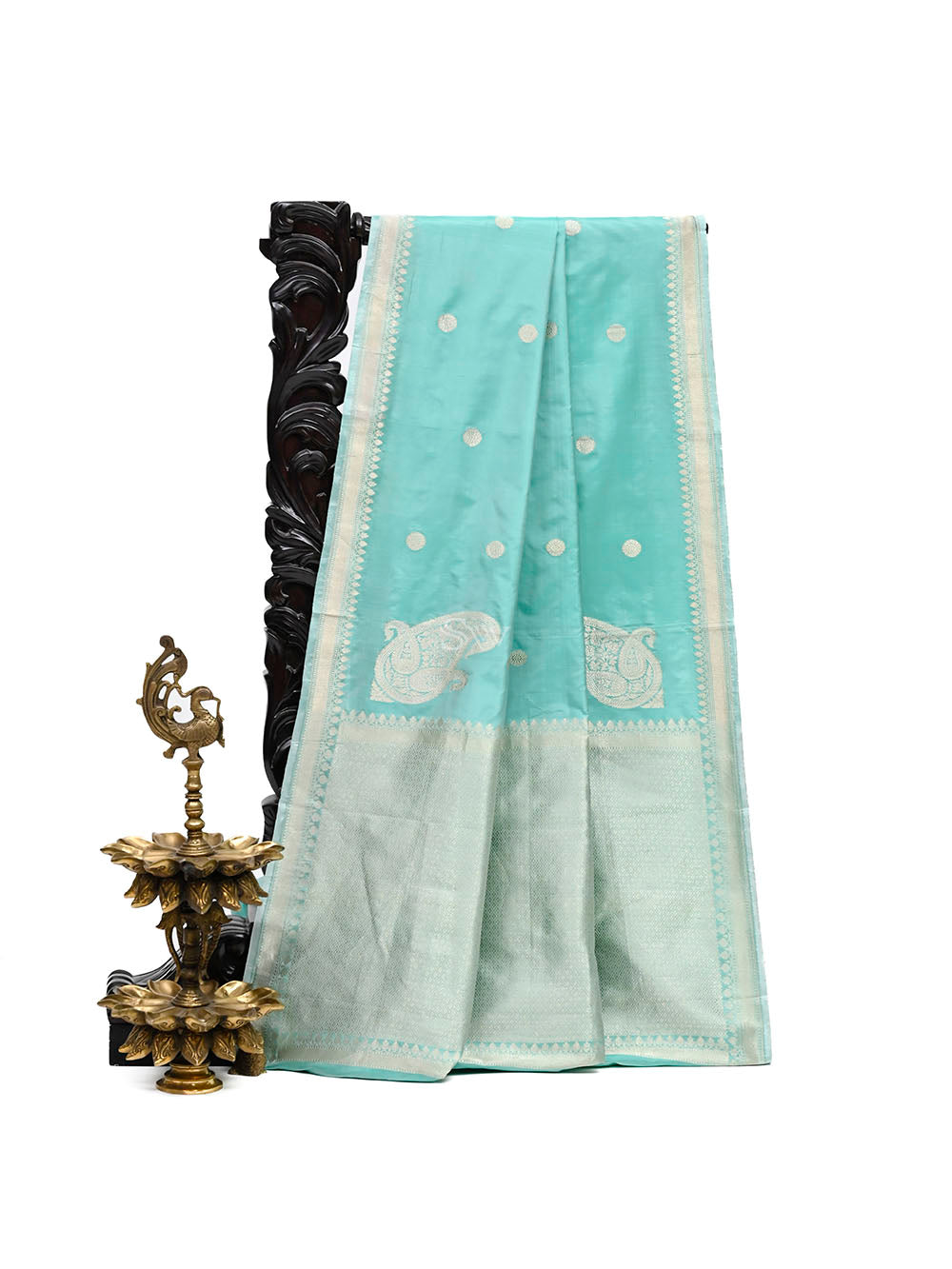 Mint Green Konia Katan Silk Handloom Banarasi Saree - Sacred Weaves