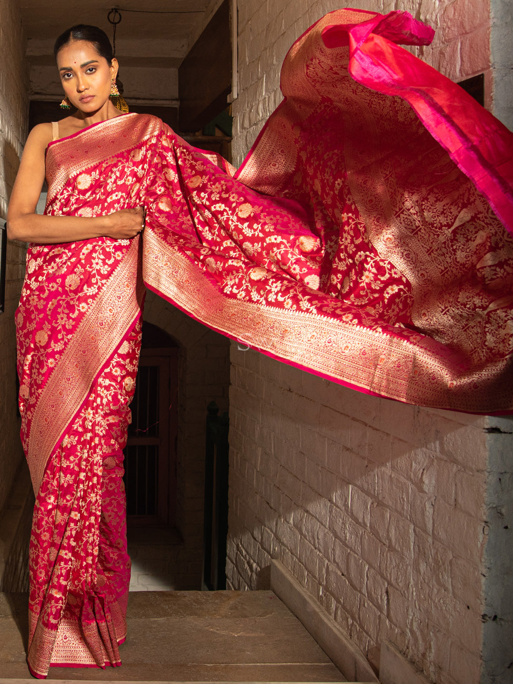 Bright Pink Meenakari Uppada Katan Silk Handloom Banarasi Saree - Sacred Weaves
