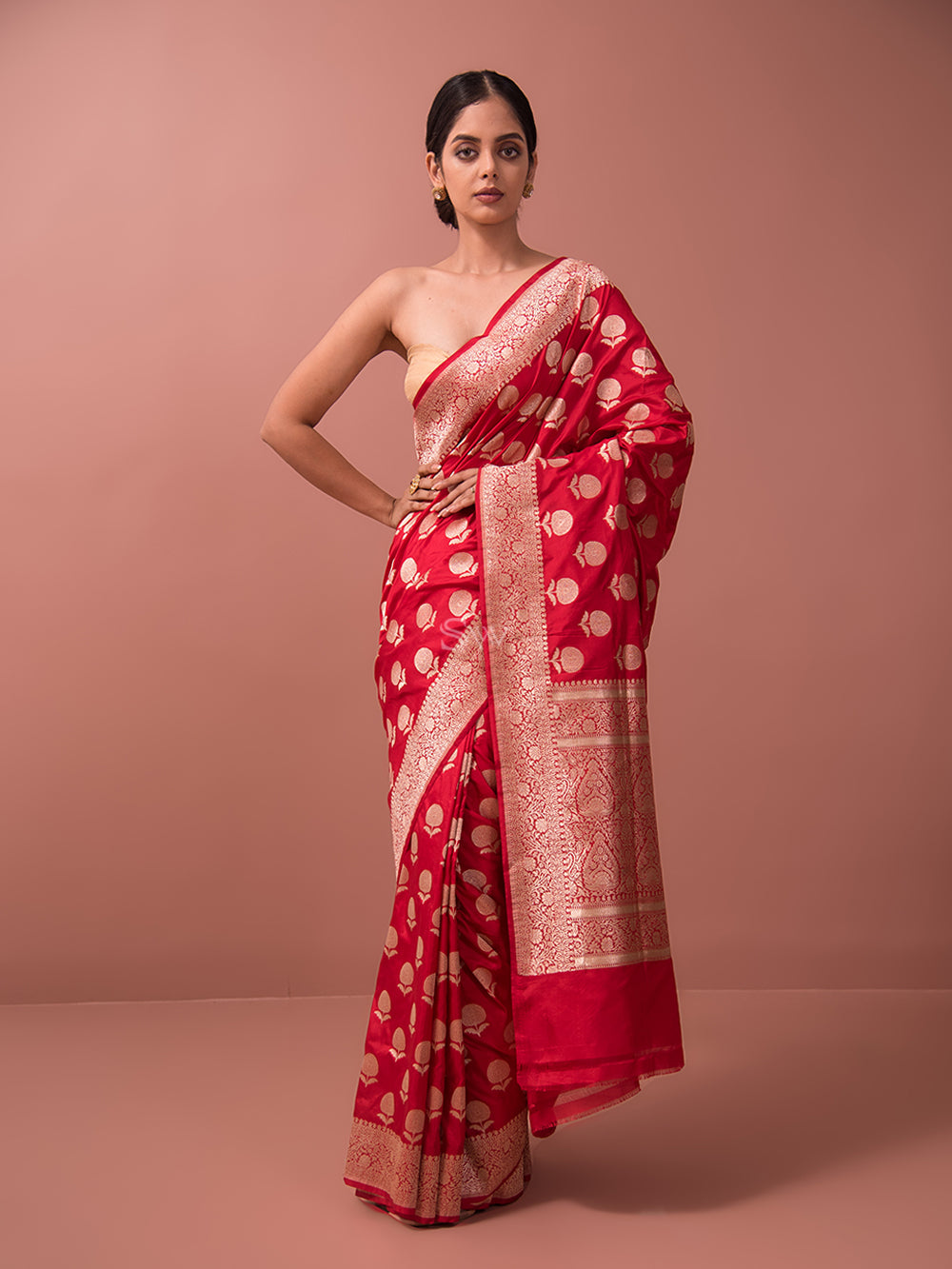 Red Boota Uppada Katan Silk Handloom Banarasi Saree - Sacred Weaves