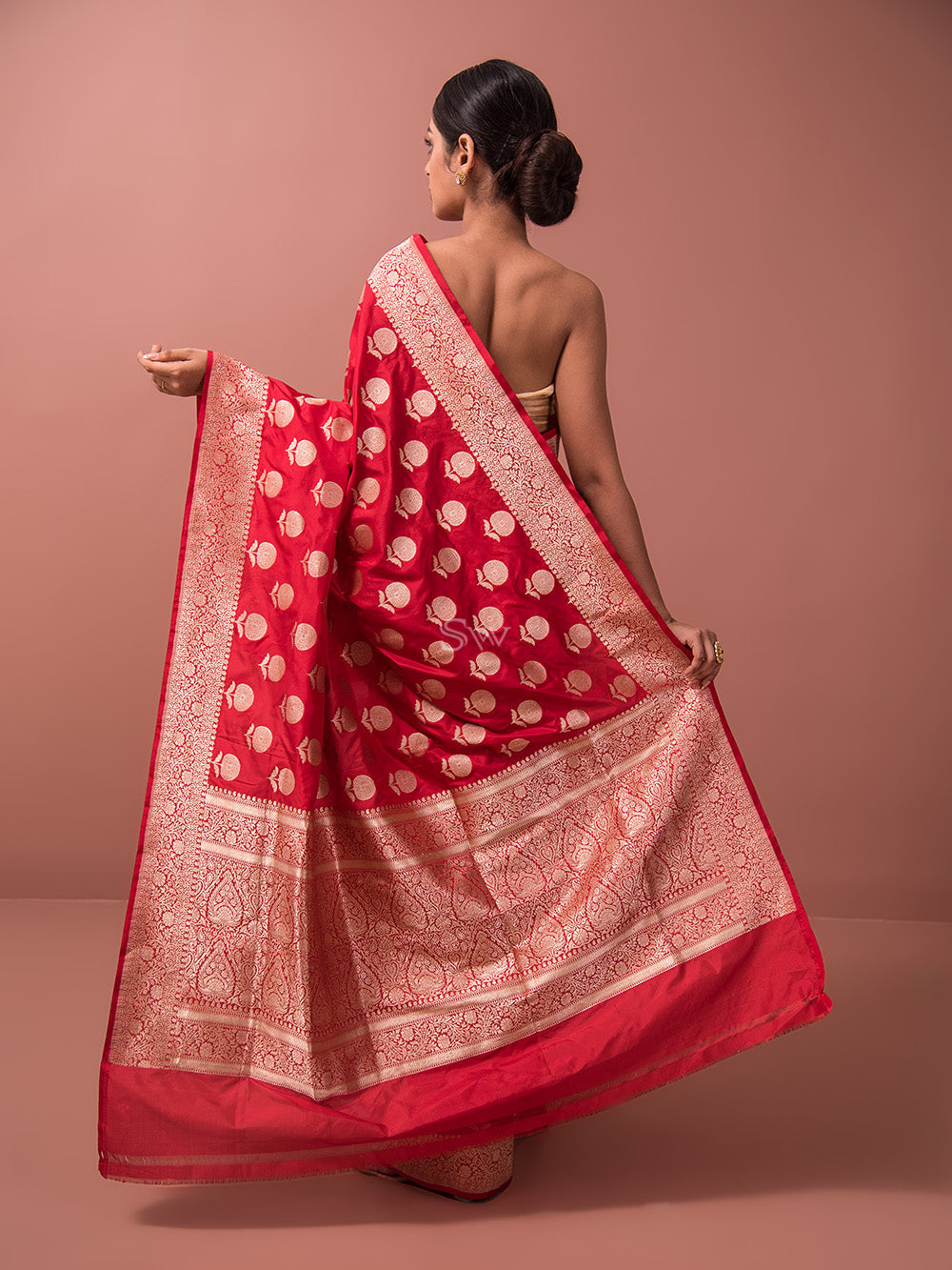 Red Boota Uppada Katan Silk Handloom Banarasi Saree - Sacred Weaves