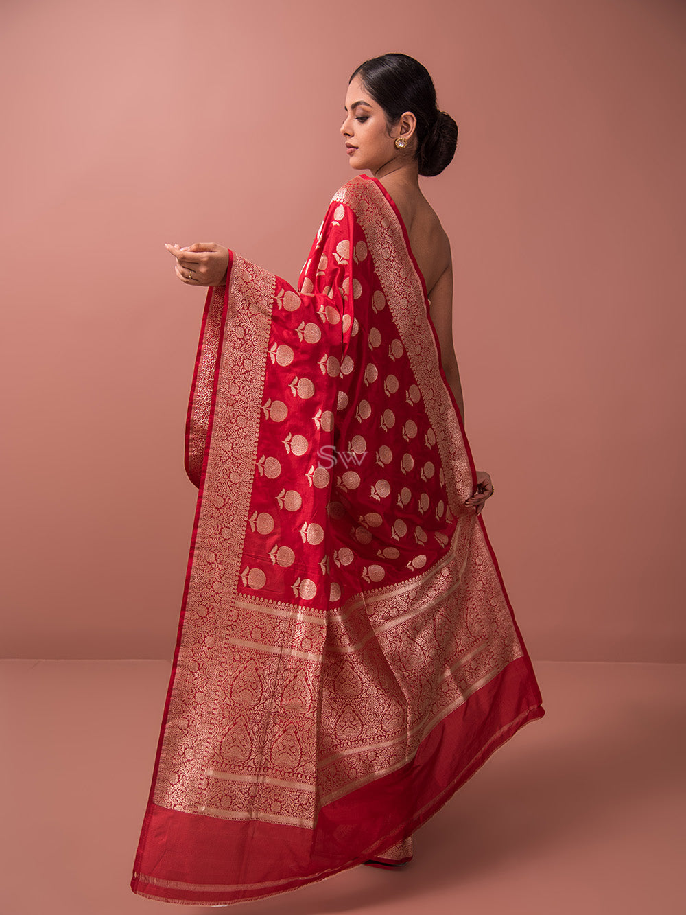 Red Boota Uppada Katan Silk Handloom Banarasi Saree - Sacred Weaves