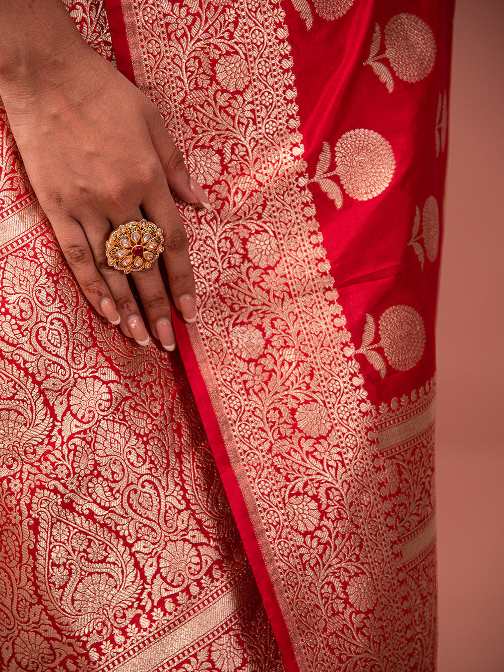 Red Boota Uppada Katan Silk Handloom Banarasi Saree - Sacred Weaves