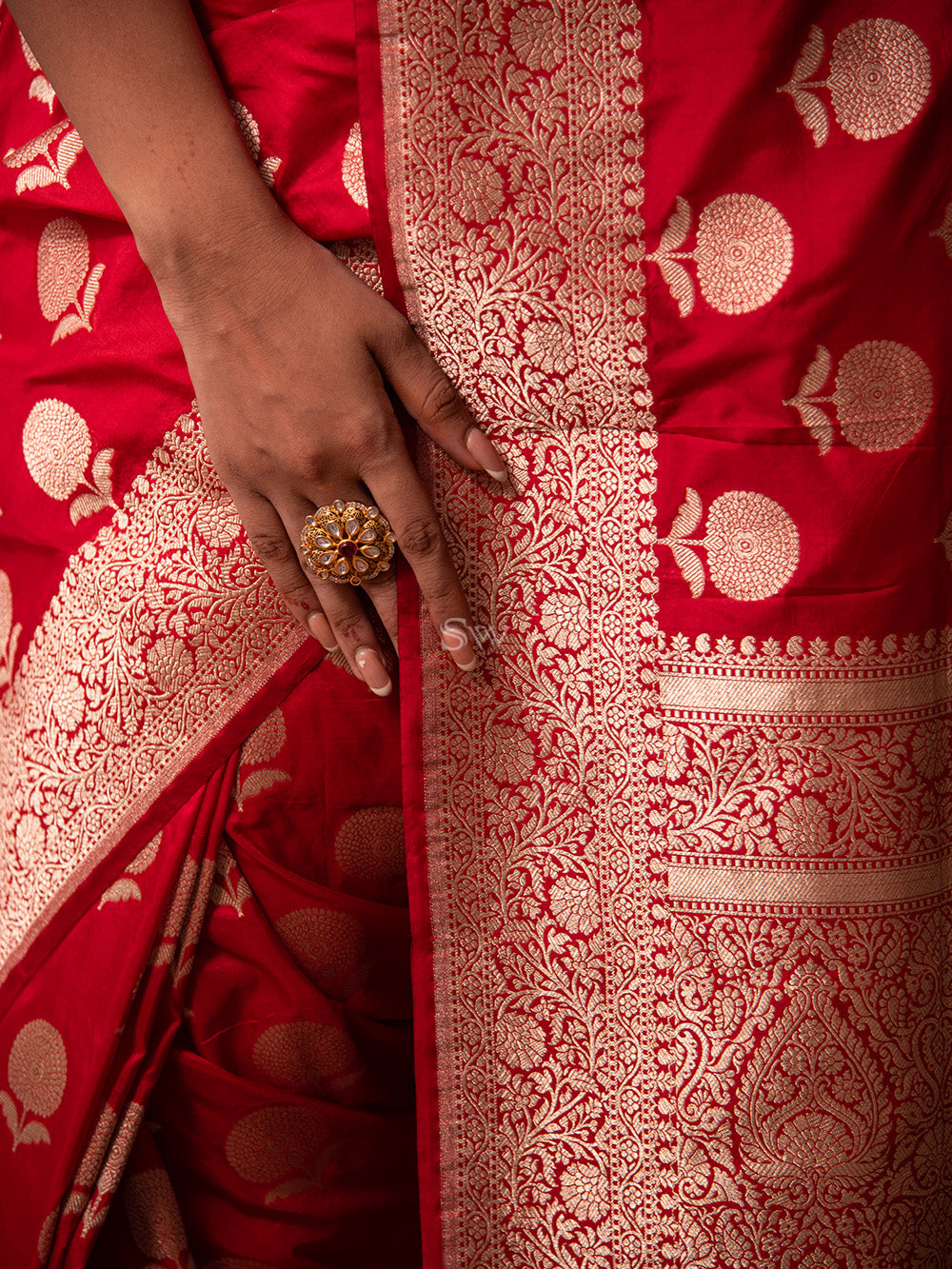 Red Boota Uppada Katan Silk Handloom Banarasi Saree - Sacred Weaves