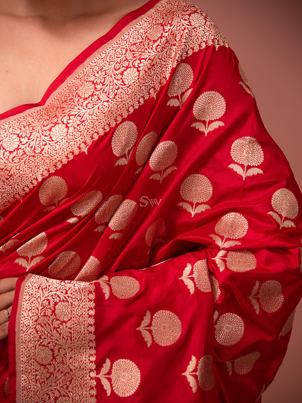 Red Boota Uppada Katan Silk Handloom Banarasi Saree - Sacred Weaves