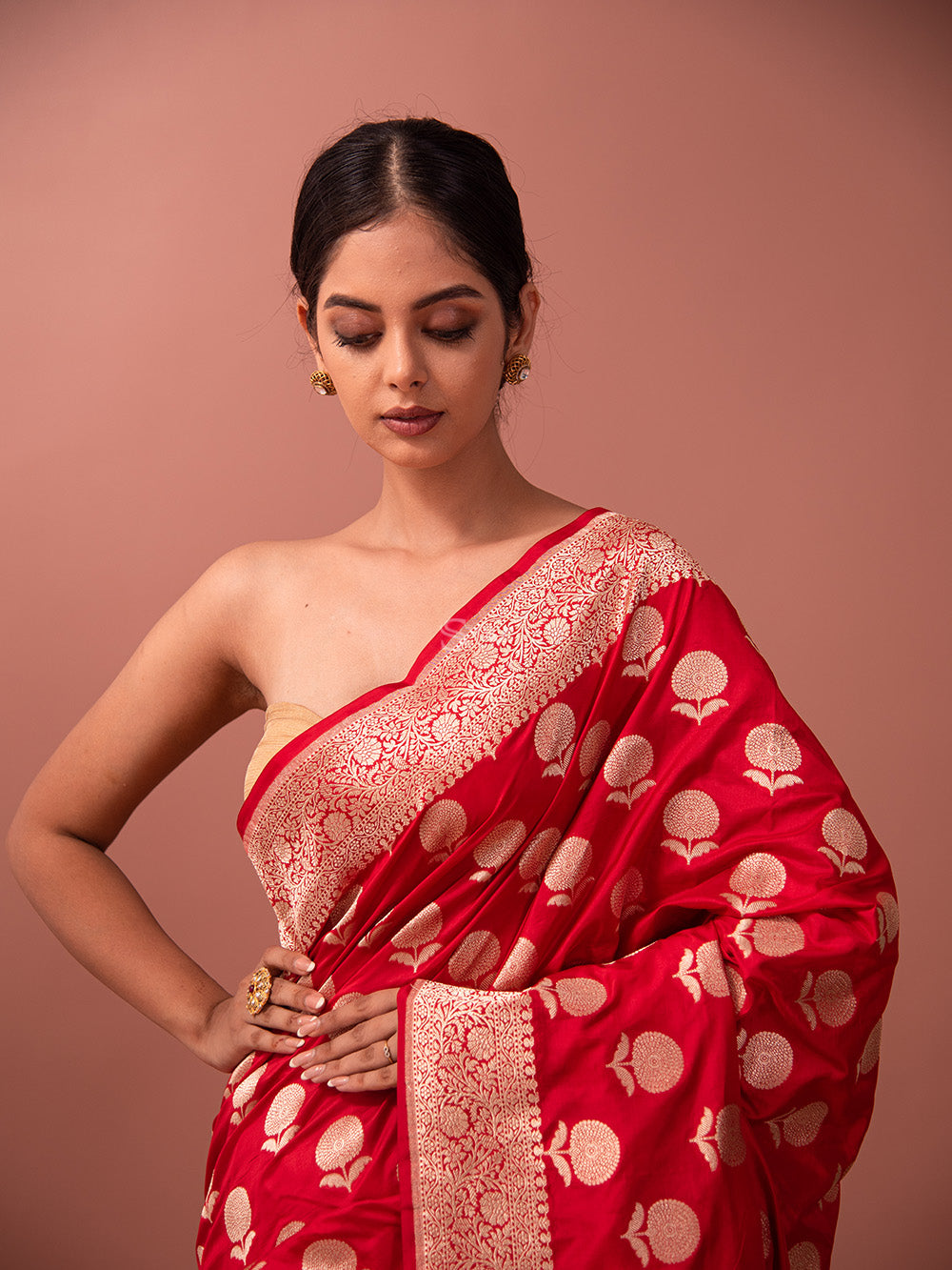 Red Boota Uppada Katan Silk Handloom Banarasi Saree - Sacred Weaves