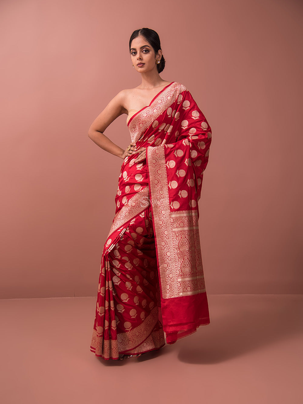 Red Boota Uppada Katan Silk Handloom Banarasi Saree - Sacred Weaves