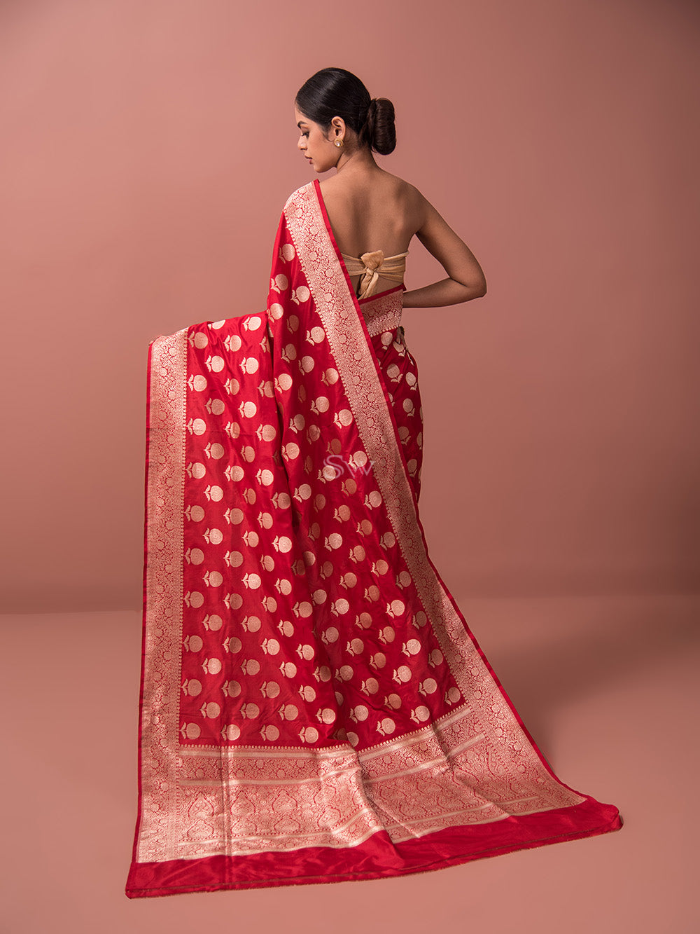 Red Boota Uppada Katan Silk Handloom Banarasi Saree - Sacred Weaves