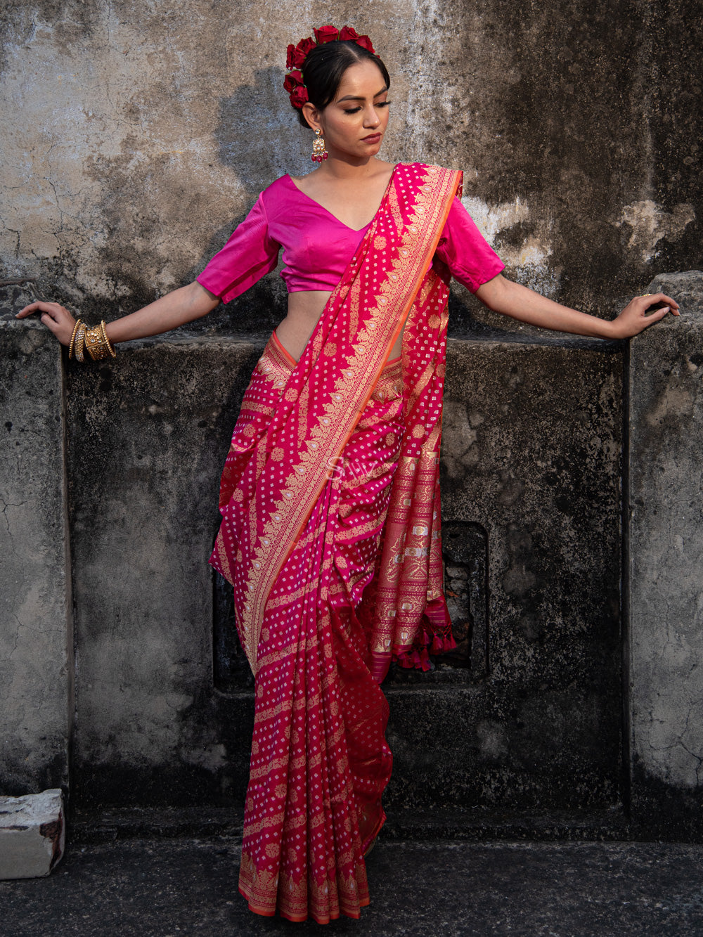 Pink Red Stripe Katan Silk Handloom Banarasi Saree - Sacred Weaves