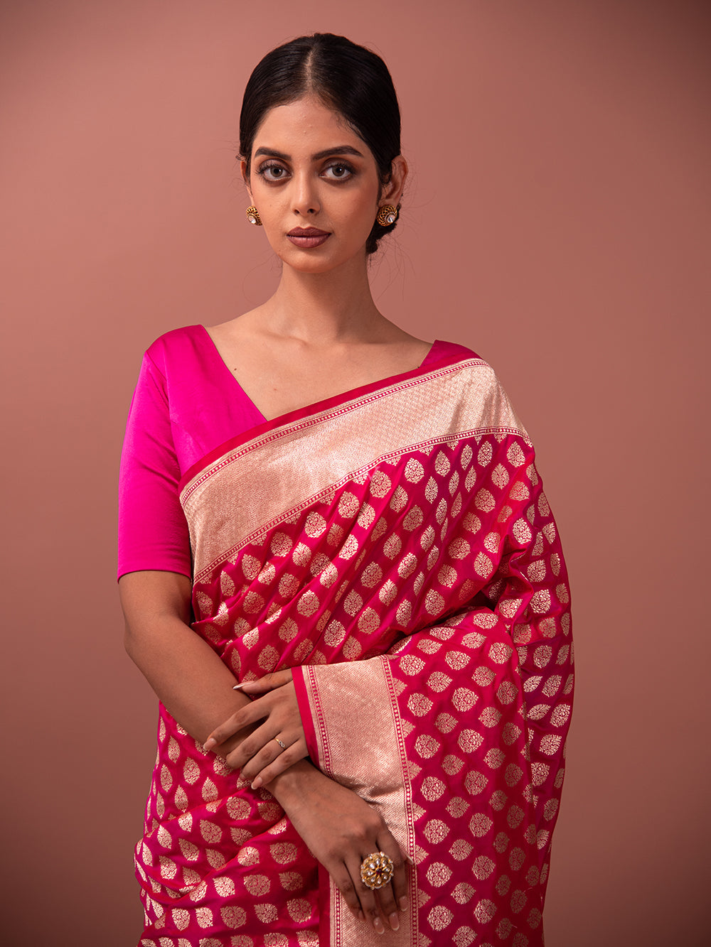 Dark Pink Uppada Katan Silk Handloom Banarasi Saree - Sacred Weaves