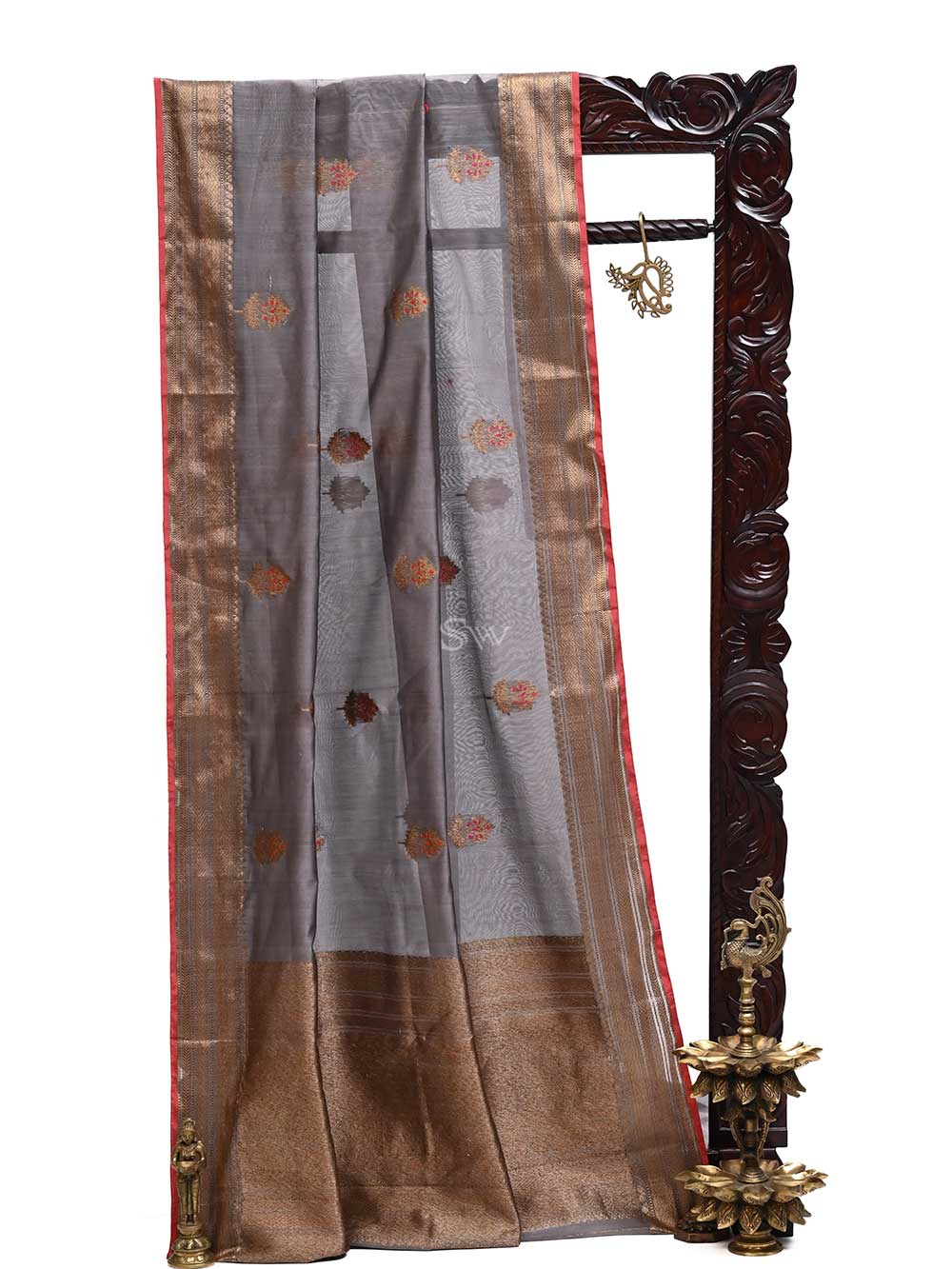 Dark Grey Boota Chanderi Silk Handloom Banarasi Saree - Sacred Weaves