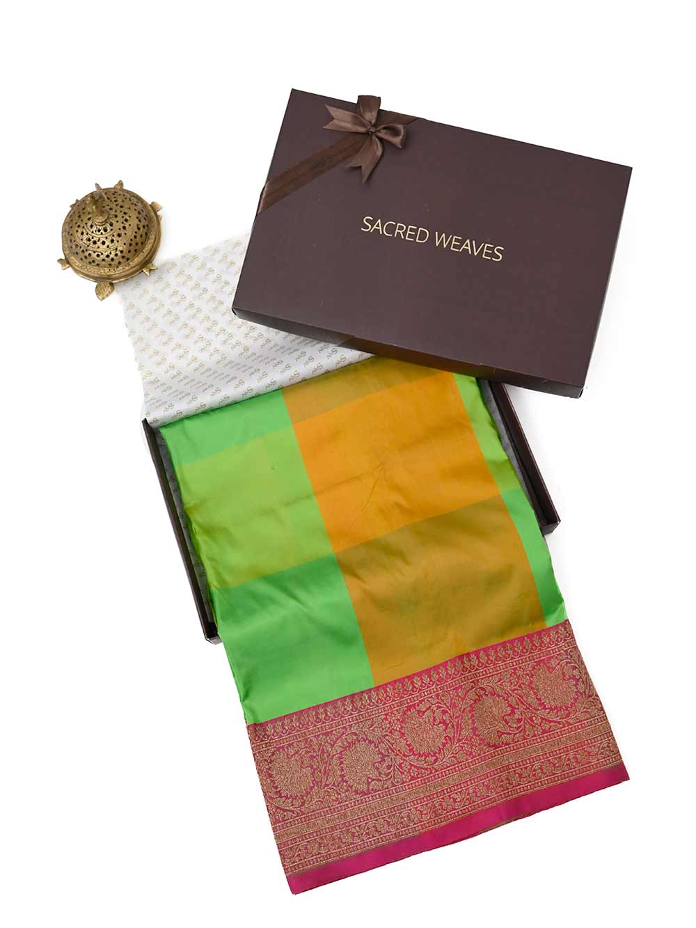 Yellow Green Katan Silk Handloom Banarasi Saree - Sacred Weaves