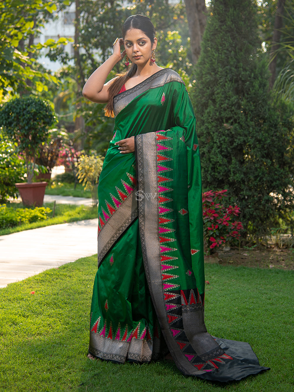 Bottle Green Meenakari Boota Katan Silk Handloom Banarasi Saree