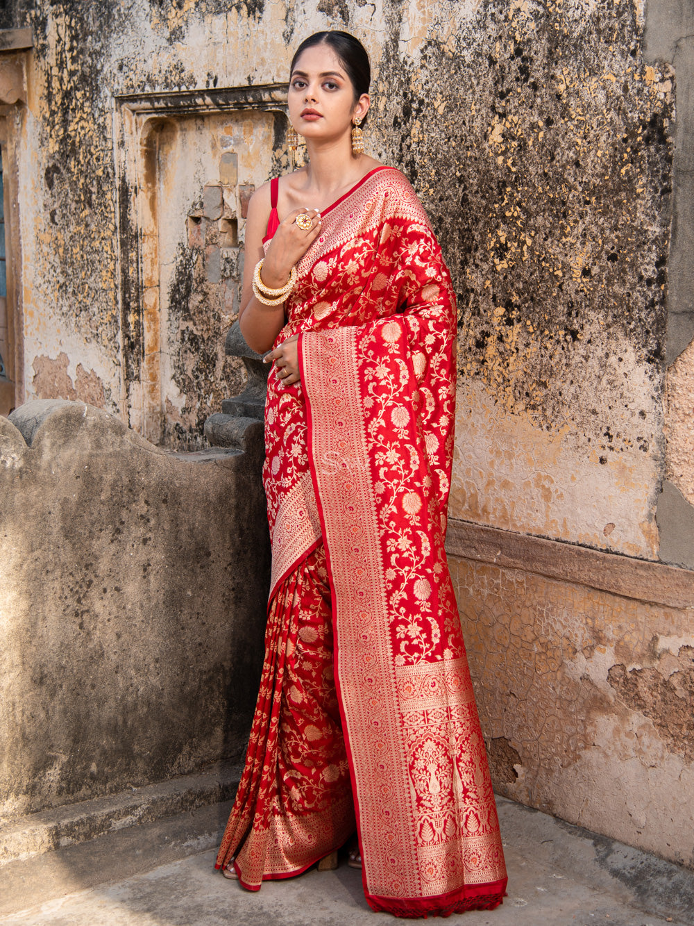 Red Meenakari Uppada Katan Silk Handloom Banarasi Saree - Sacred Weaves