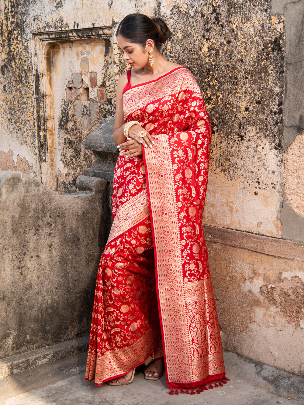 Red Meenakari Uppada Katan Silk Handloom Banarasi Saree - Sacred Weaves