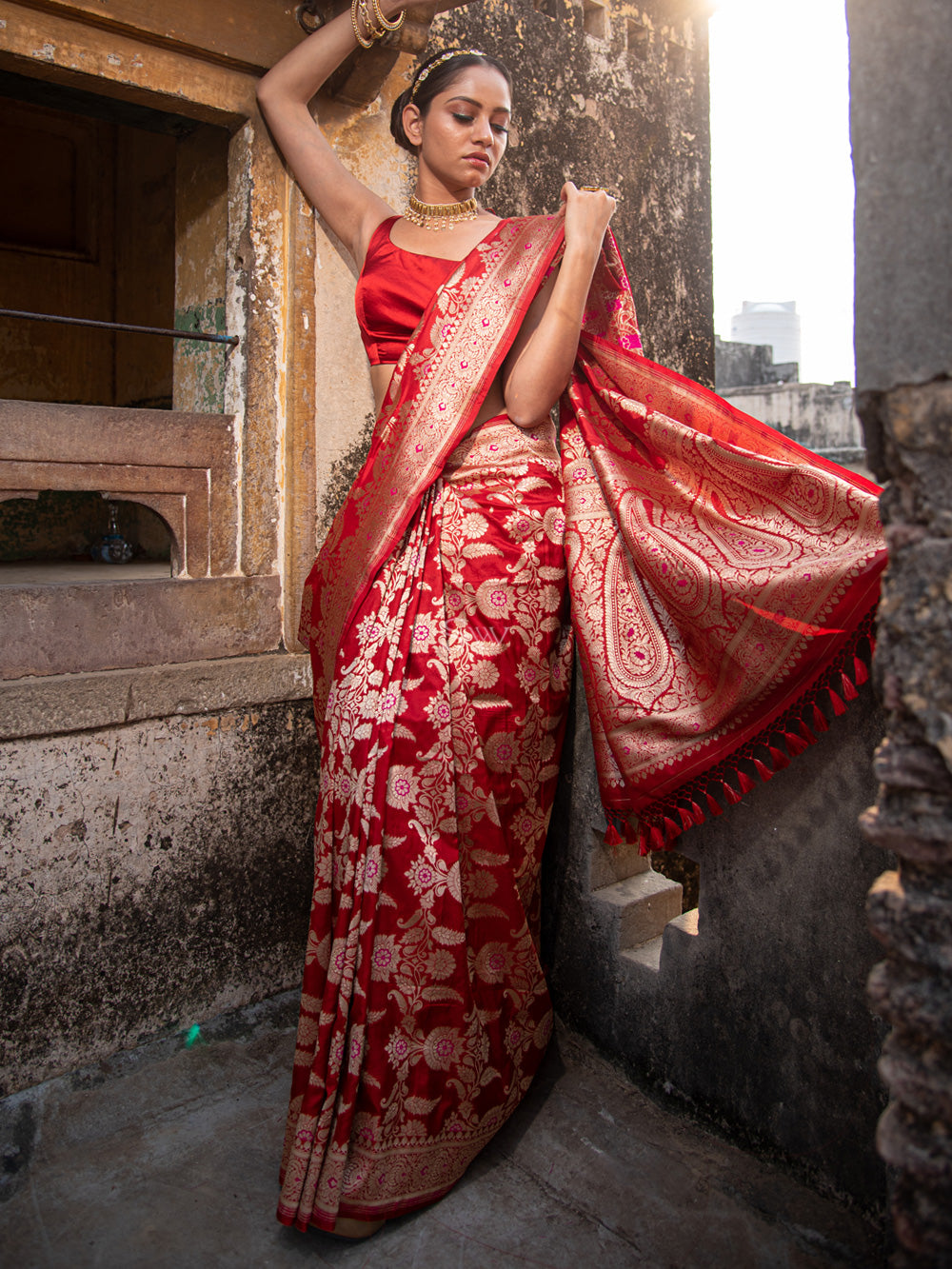 Red Meenakari Uppada Katan Silk Handloom Banarasi Saree - Sacred Weaves