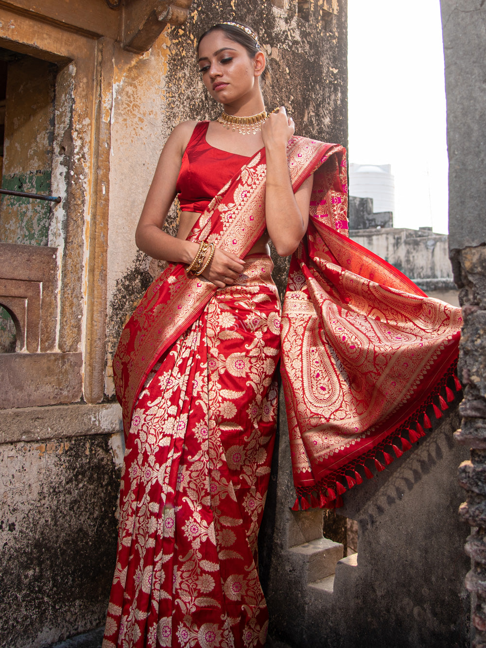 Red Meenakari Uppada Katan Silk Handloom Banarasi Saree - Sacred Weaves