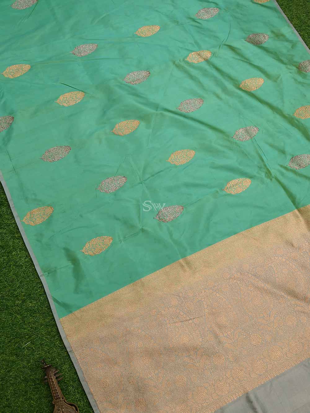 Sea Green Boota Katan Silk Handloom Banarasi Saree - Sacred Weaves